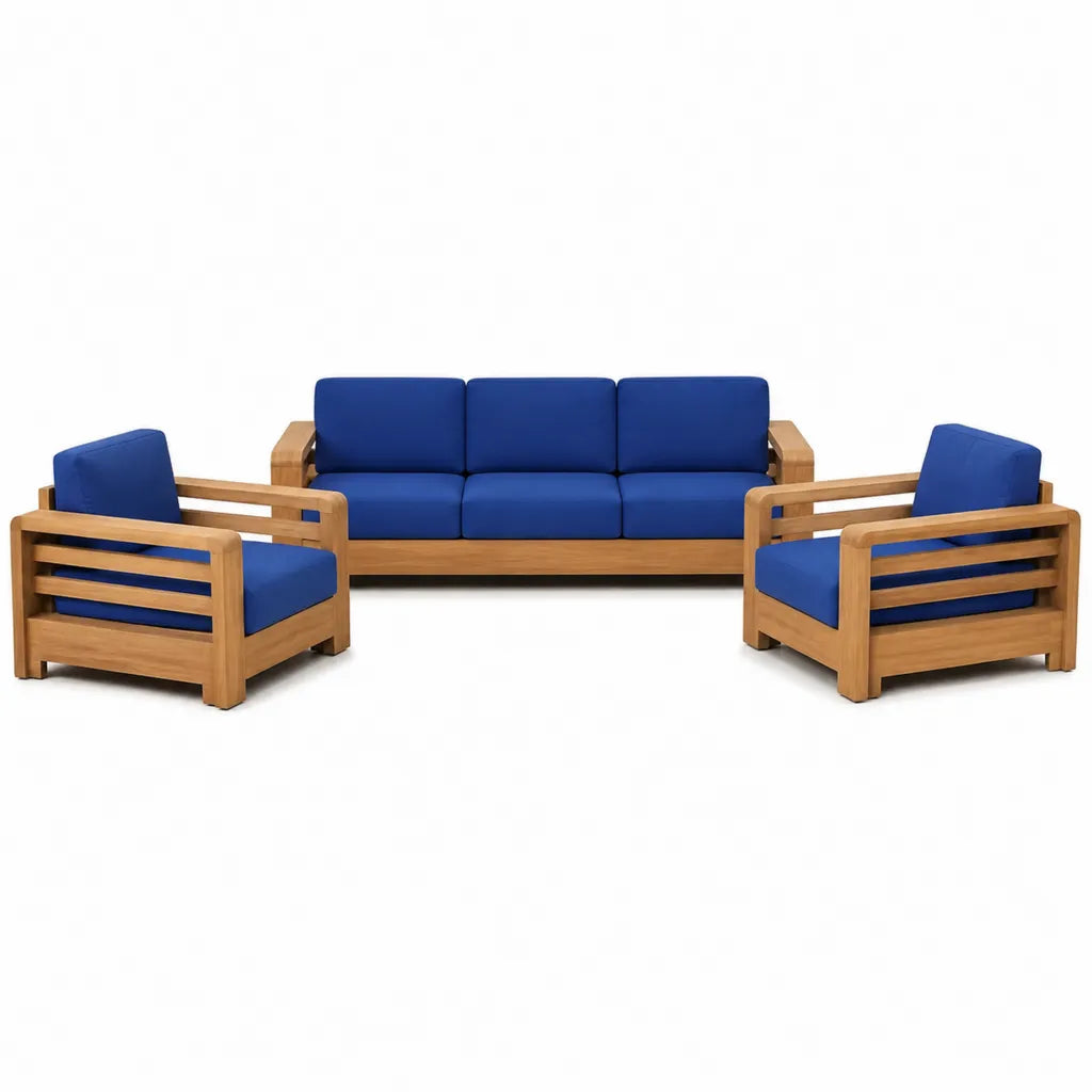Salon de jardin 5 places avec canape 3 places et 2 fauteuils en bois d'acacia massif bleu 180 x 70 x 70 cm