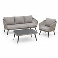 Salon de jardin 3 pieces canape 3 places fauteuil table basse rectangulaire aluminium corde PP gris canape 198 x 77 x 76 cm