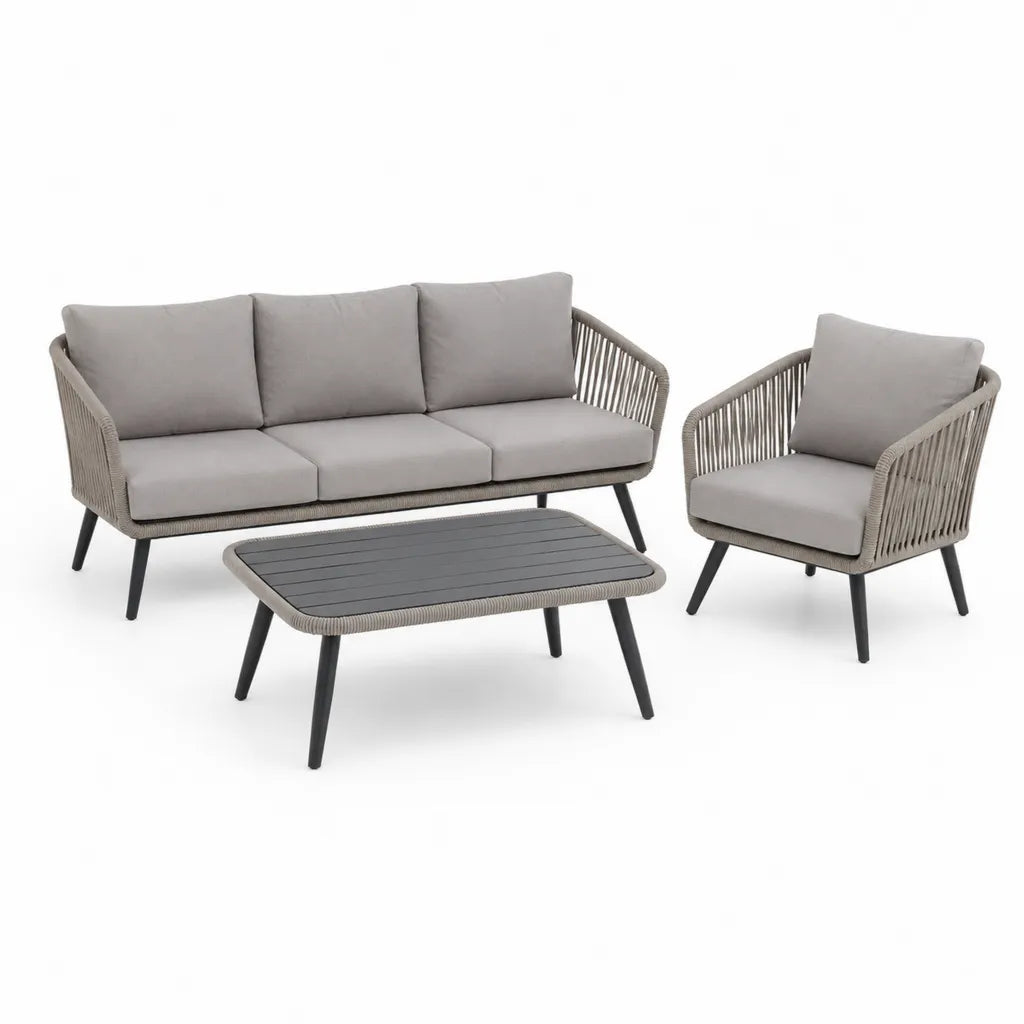 Salon de jardin 3 pieces canape 3 places fauteuil table basse rectangulaire aluminium corde PP gris canape 198 x 77 x 76 cm