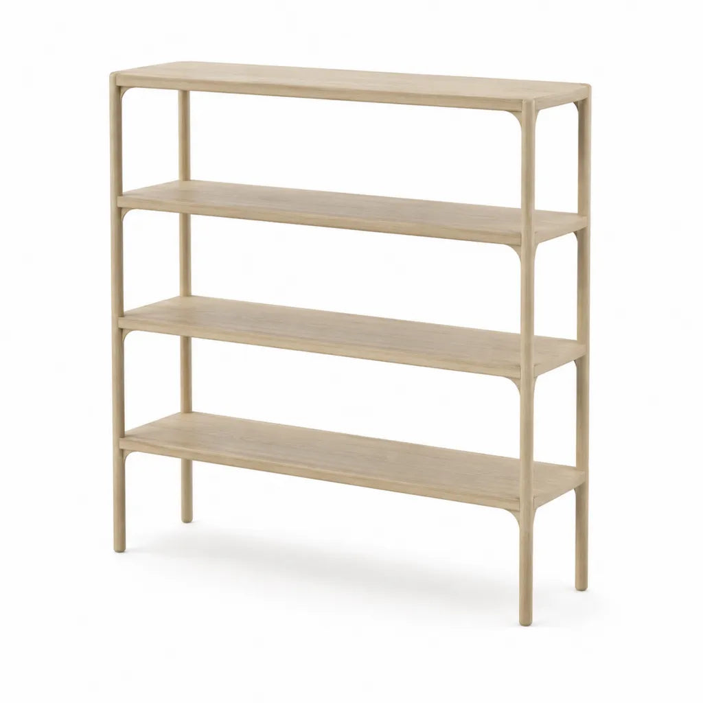Bibliotheque 4 etageres rectangulaire en bois d'hevea massif naturel 120 x 35 x 140 cm