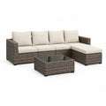 Salon de jardin d'angle 4 places avec table basse en resine tressee PE acier et verre trempe gris taupe beige 215 x 145 x 65 cm