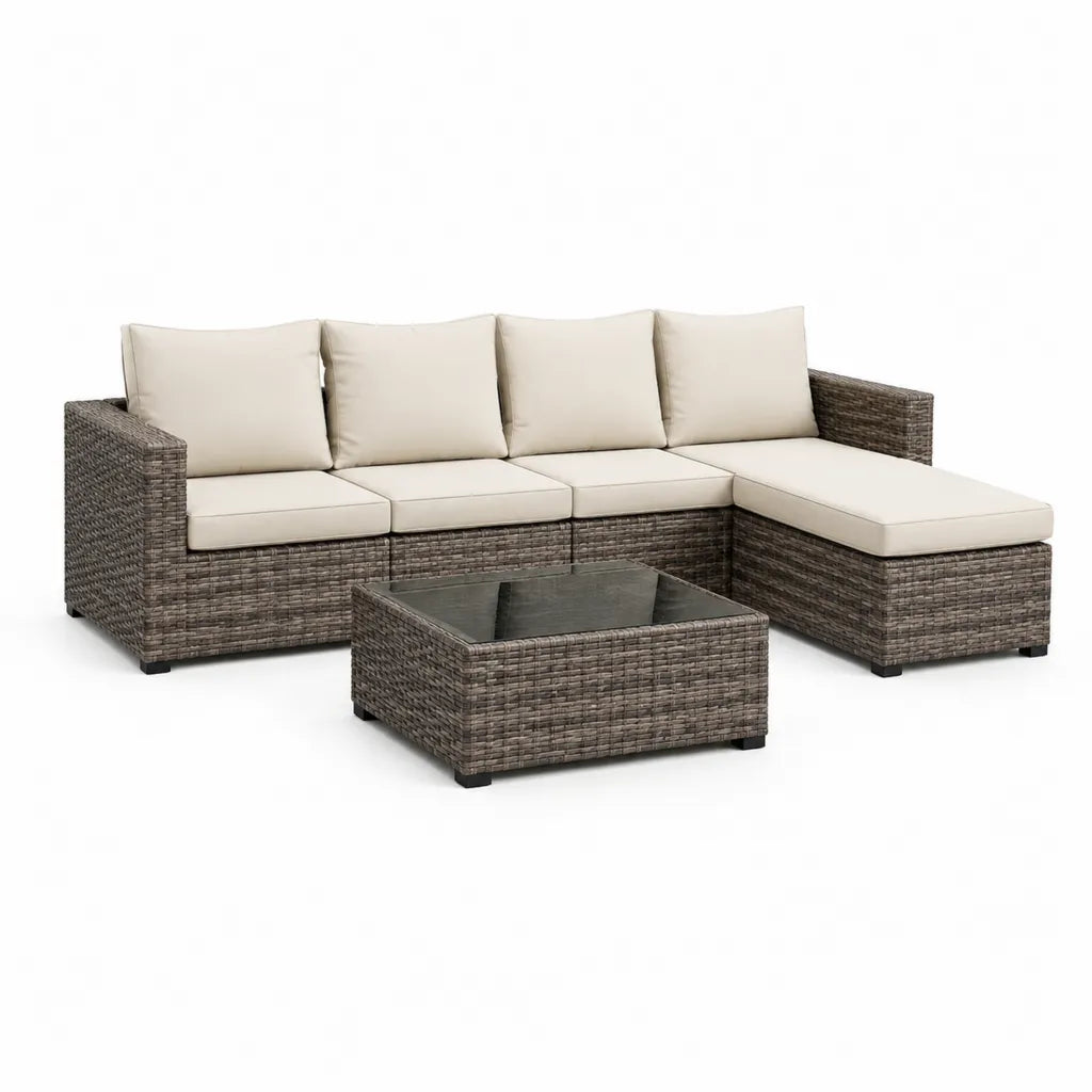 Salon de jardin d'angle 4 places avec table basse en resine tressee PE acier et verre trempe gris taupe beige 215 x 145 x 65 cm