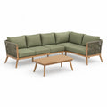 Salon de jardin d'angle 5 places 3 pieces en acacia massif et corde PP vert olive 240 x 180 cm avec table basse
