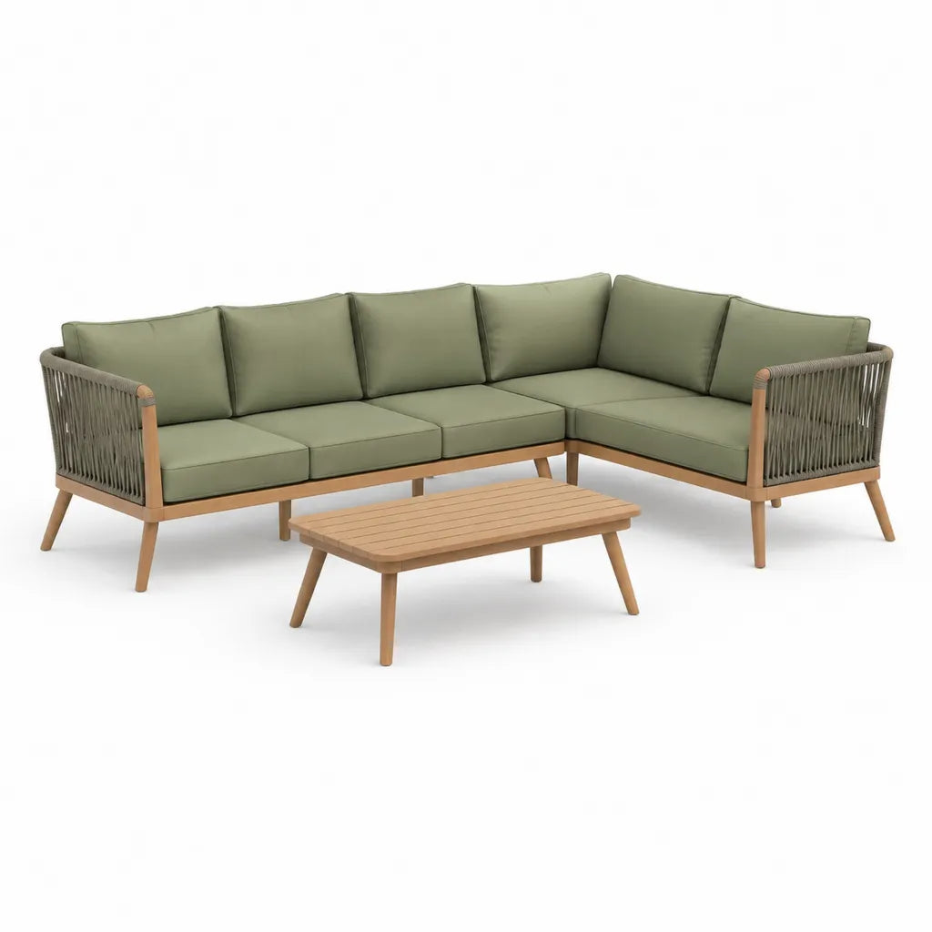 Salon de jardin d'angle 5 places 3 pieces en acacia massif et corde PP vert olive 240 x 180 cm avec table basse