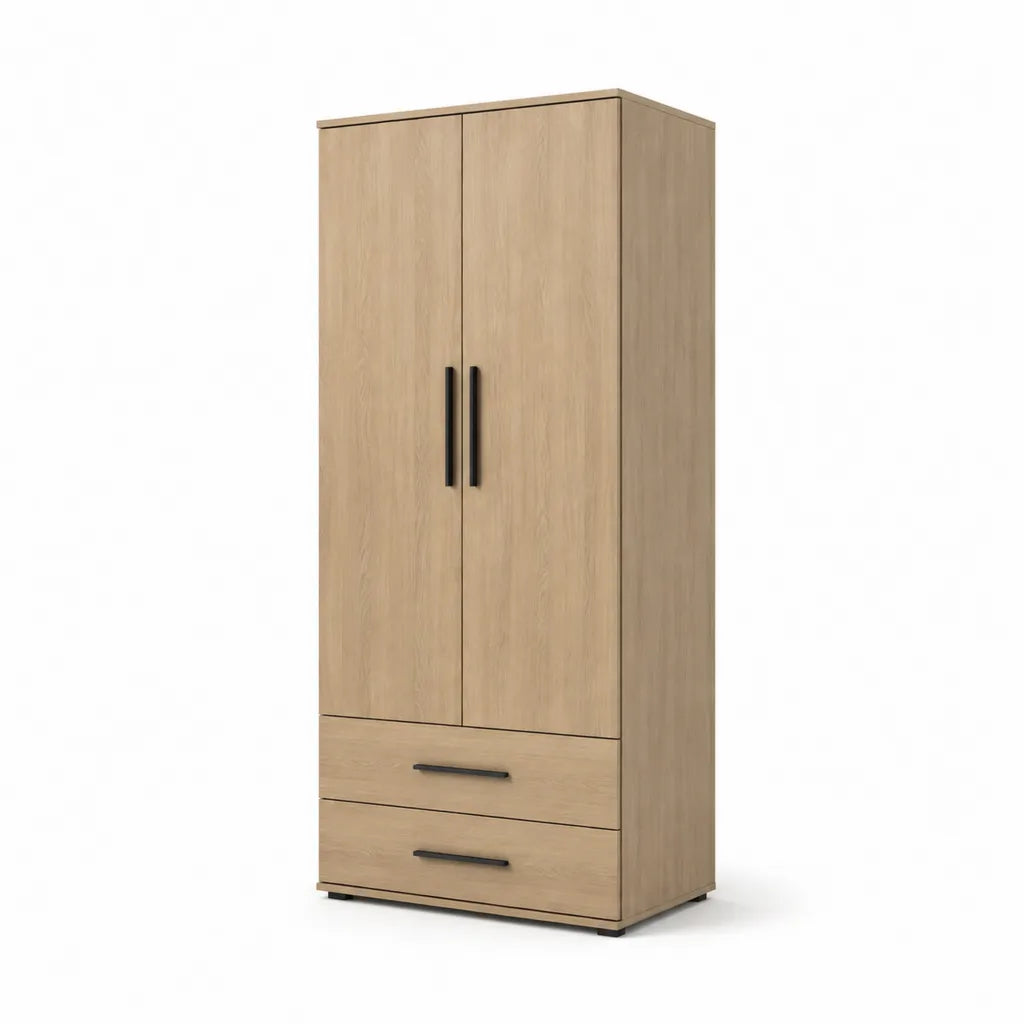 Armoire de chambre rectangulaire 2 portes 2 tiroirs 80 x 52 x 180 cm en panneaux de particules melamines chene clair