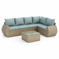 Salon de jardin d'angle 5 places avec table basse 270 x 210 cm en resine tressee PE beige et coussins bleu gris
