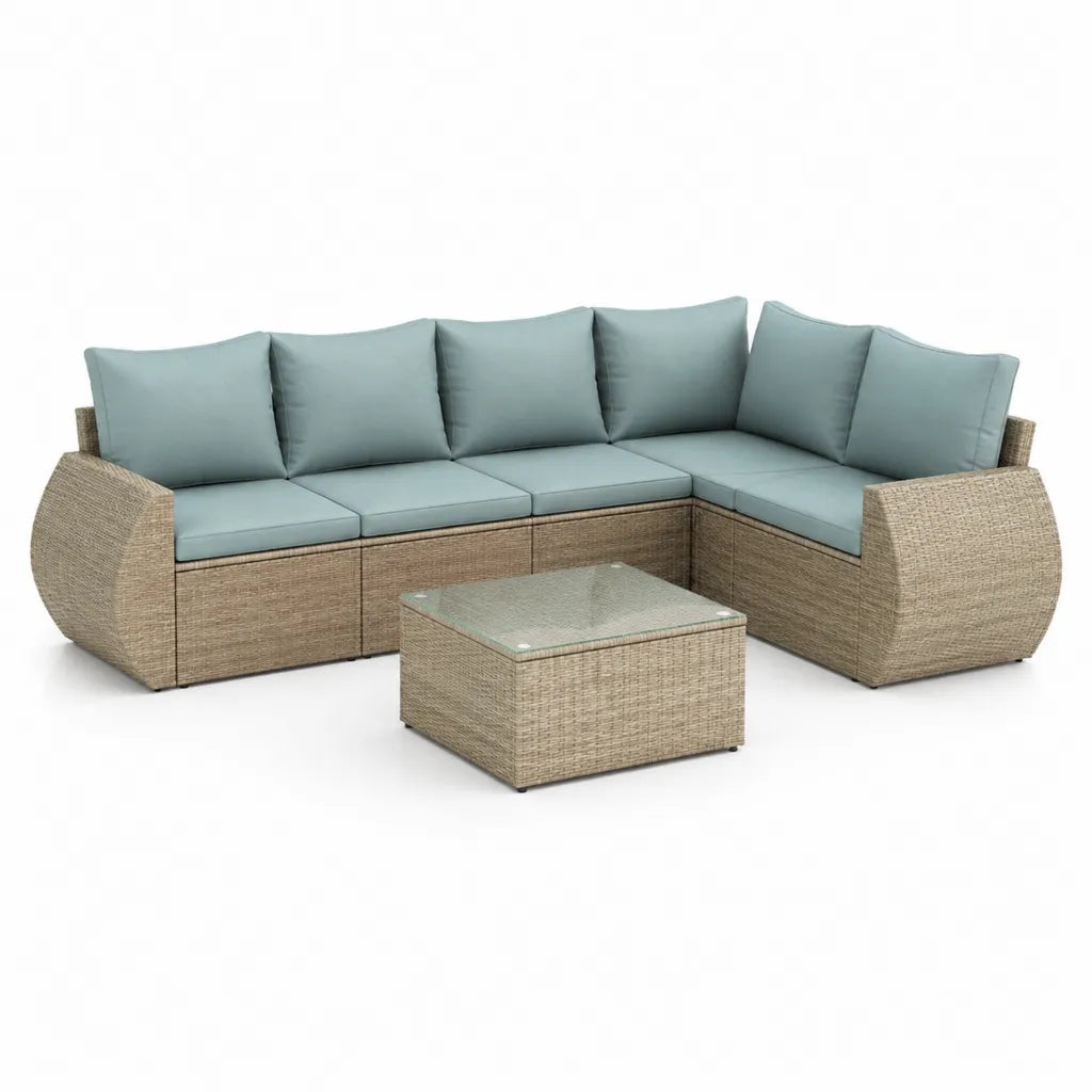 Salon de jardin d'angle 5 places avec table basse 270 x 210 cm en resine tressee PE beige et coussins bleu gris