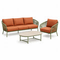 Salon de jardin 4 places avec canape 3 places fauteuil et table basse ovale en acier vert et coussins orange 210 x 78 x 75 cm
