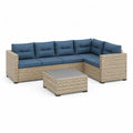 Salon de jardin d'angle 3 pieces en resine tressee PE beige et bleu avec table 230 x 180 cm