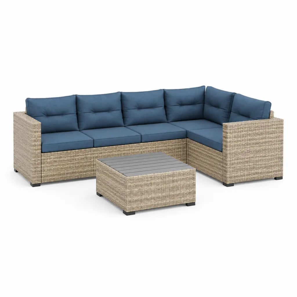 Salon de jardin d'angle 3 pieces en resine tressee PE beige et bleu avec table 230 x 180 cm