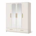 Armoire dressing rectangulaire 4 portes avec miroirs 2 tiroirs panneaux melamines blancs et poignees dorees 160 x 52 x 200 cm