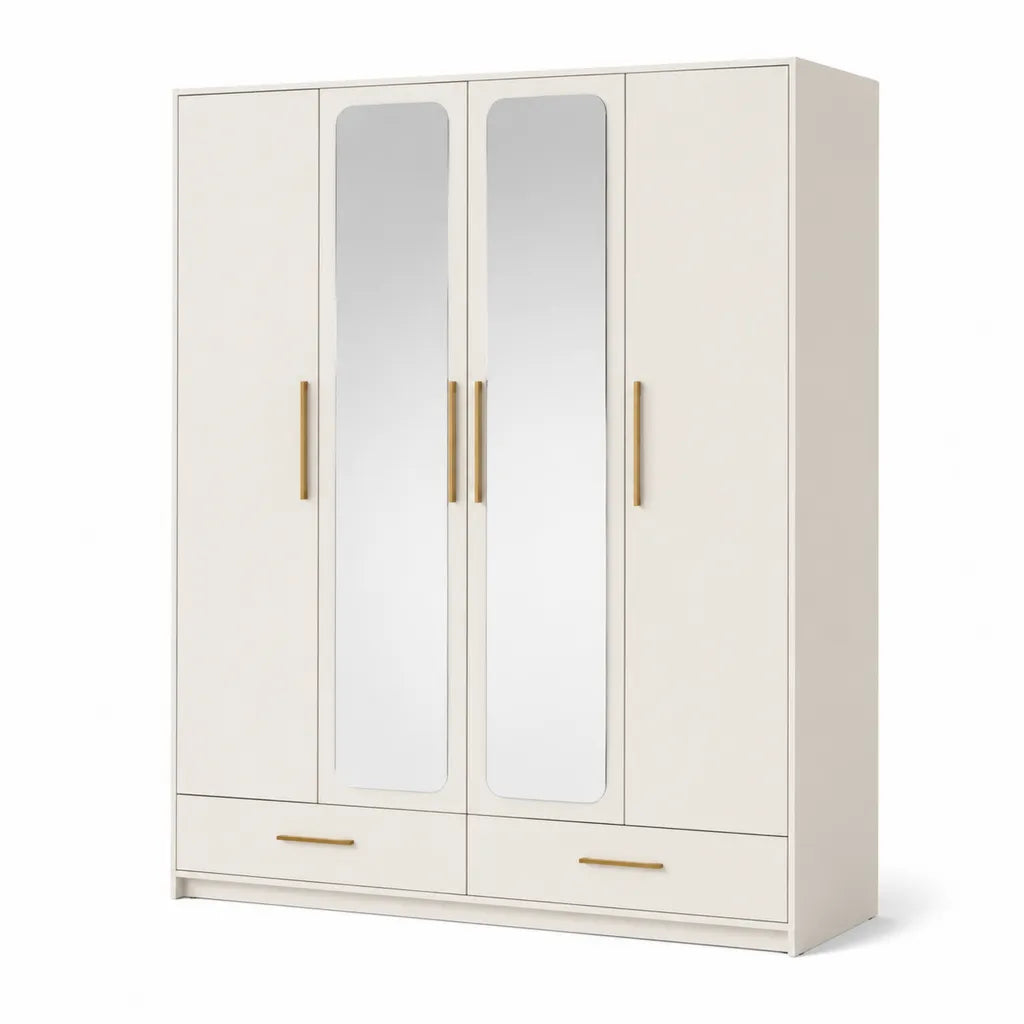 Armoire dressing rectangulaire 4 portes avec miroirs 2 tiroirs panneaux melamines blancs et poignees dorees 160 x 52 x 200 cm