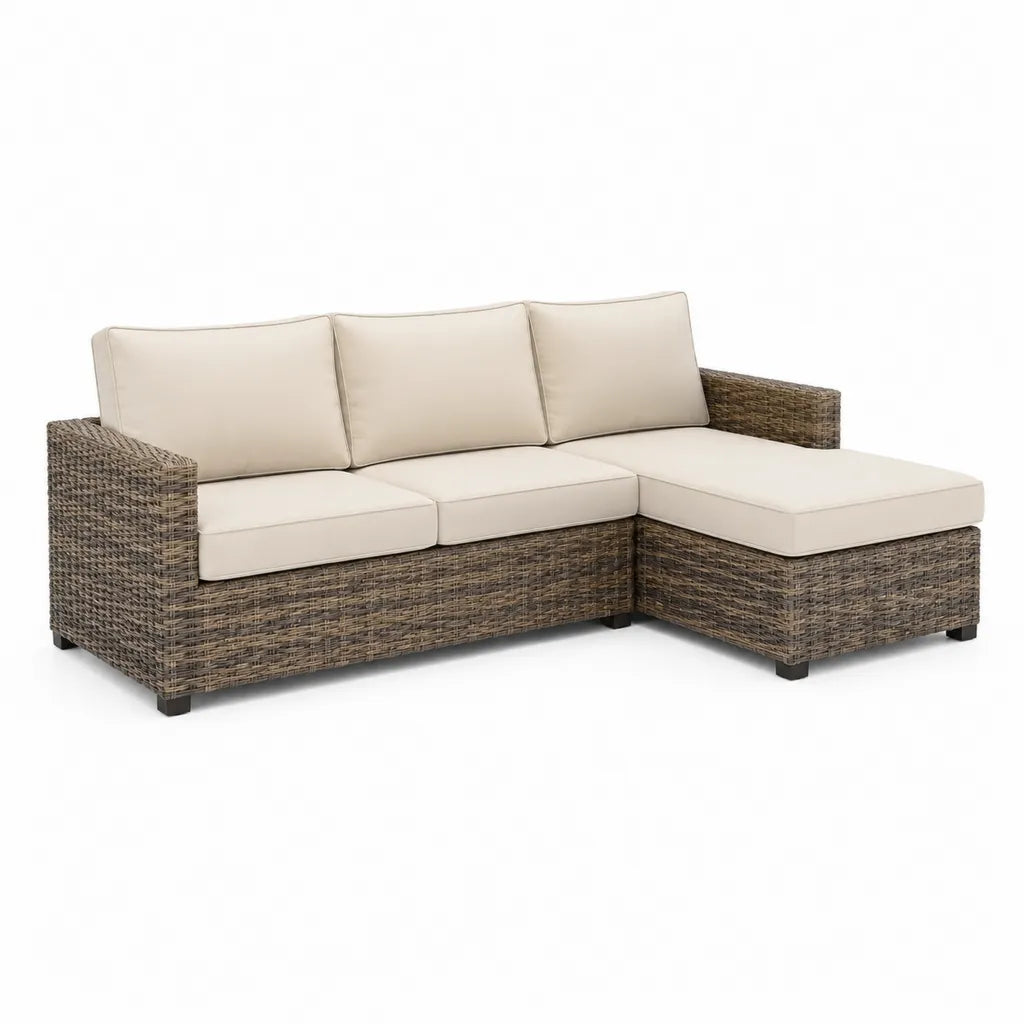 Canape de jardin d'angle 3 places avec meridienne 200 x 140 x 85 cm en resine tressee marron et coussins beige
