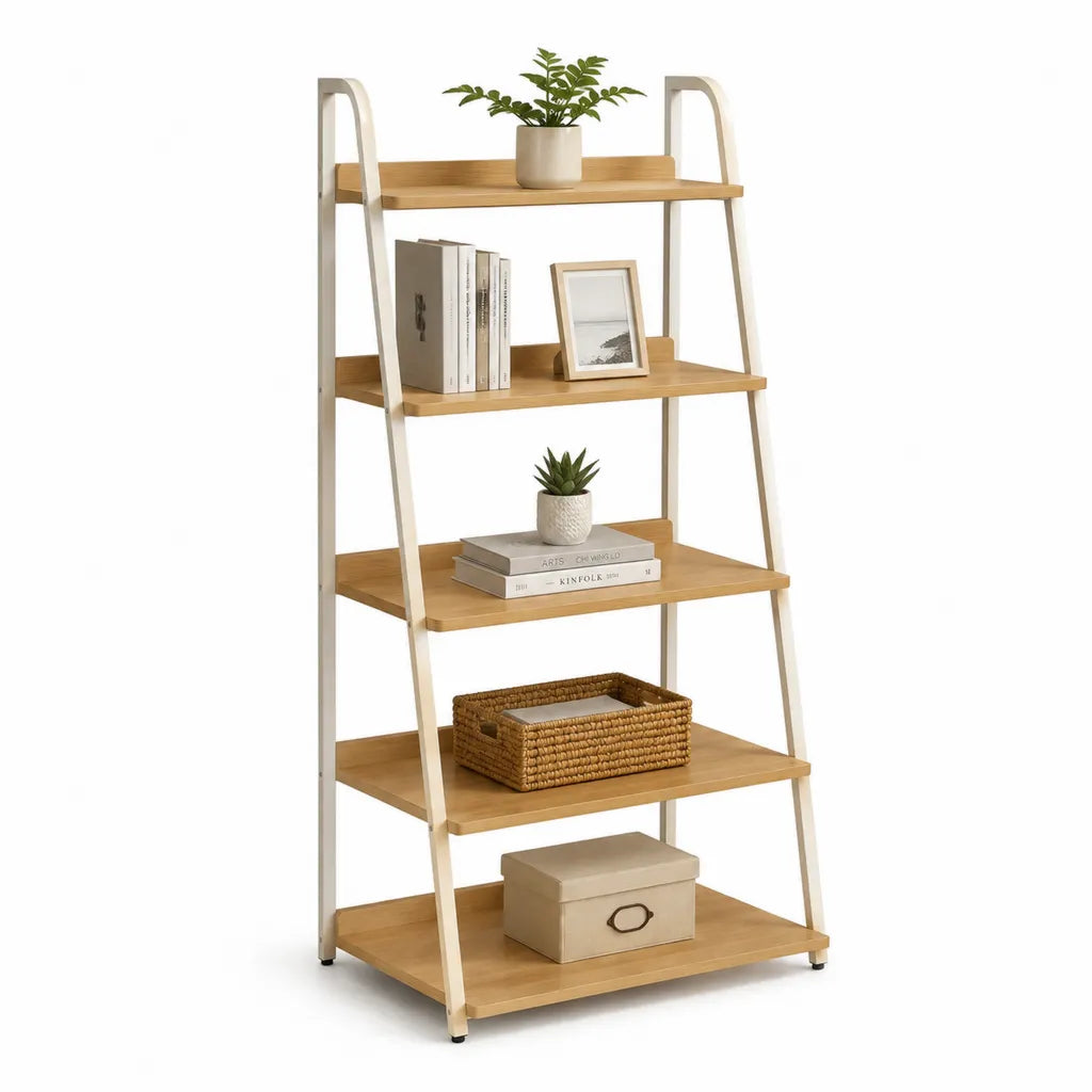 etagere sur pied a 5 niveaux en bambou et acier blanc 80 x 40 x 180 cm