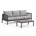 Salon de jardin 3 places avec table basse en aluminium noir et coussins gris 200 x 80 x 70 cm