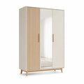 Armoire 3 portes battantes rectangulaire avec miroir 120 x 52 x 190 cm en panneaux melamines blanc casse et bois naturel