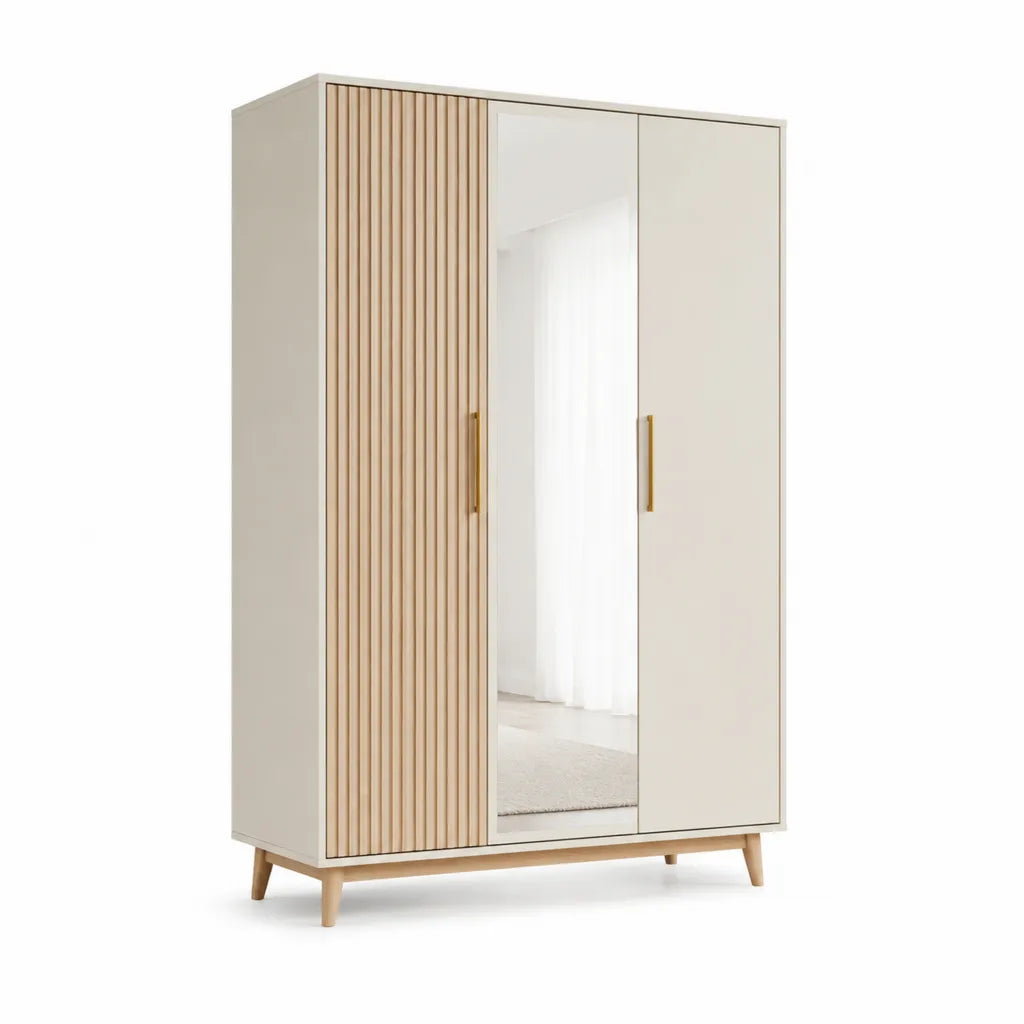 Armoire 3 portes battantes rectangulaire avec miroir 120 x 52 x 190 cm en panneaux melamines blanc casse et bois naturel