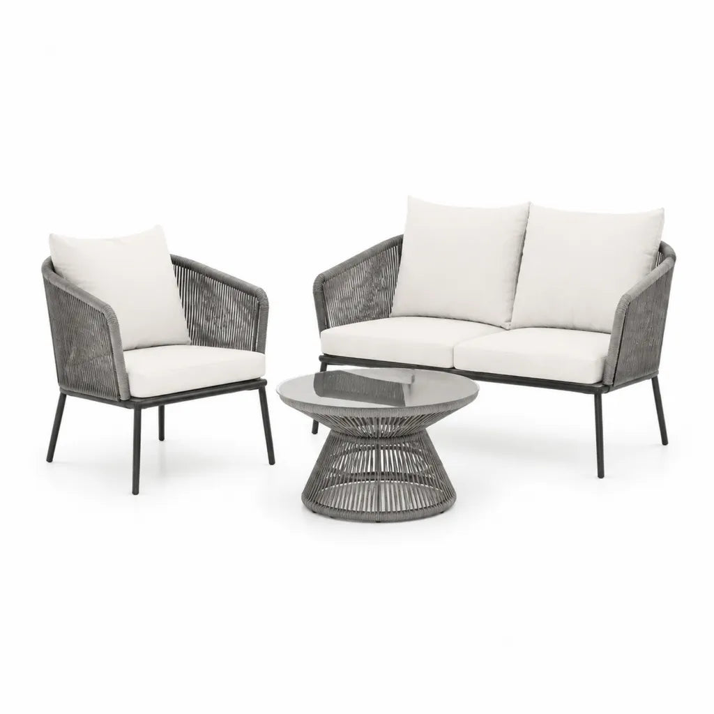 Salon de jardin 3 pieces avec canape 2 places fauteuil et table basse ronde en acier thermolaque cordage PE gris et coussins polyester blanc 130 x 75 x 78 cm