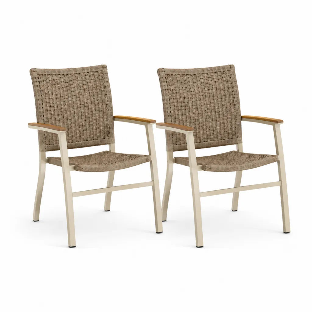 Lot de 2 fauteuils de jardin avec accoudoirs en rotin PE et aluminium beige blanc 56 x 61 x 88 cm
