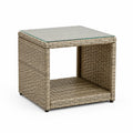Table d'appoint de jardin carree 50 x 50 x 45 cm en resine tressee PE beige avec plateau en verre trempe transparent