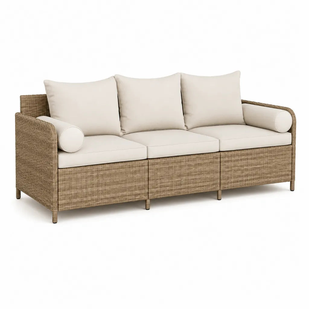 Canape de jardin droit 3 places en resine tressee PE beige 210 x 85 x 80 cm