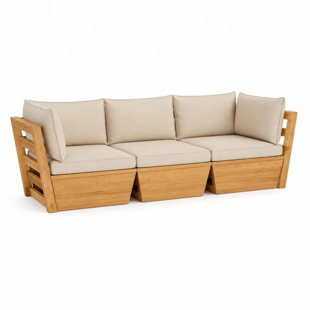 Canape de jardin droit 3 places en bois massif de teck beige 240 x 85 x 75 cm