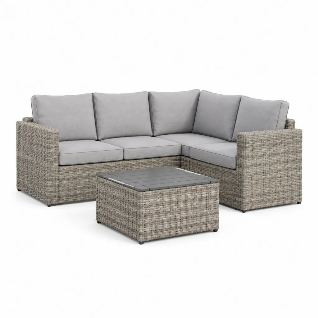 Salon de jardin d'angle 5 places avec table basse en resine tressee PE gris 220 x 220 x 65 cm