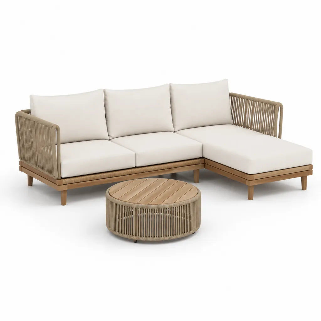Salon de jardin d'angle 3 places avec table basse ronde en acacia massif et cordage en polypropylene beige 245 x 155 x 75 cm