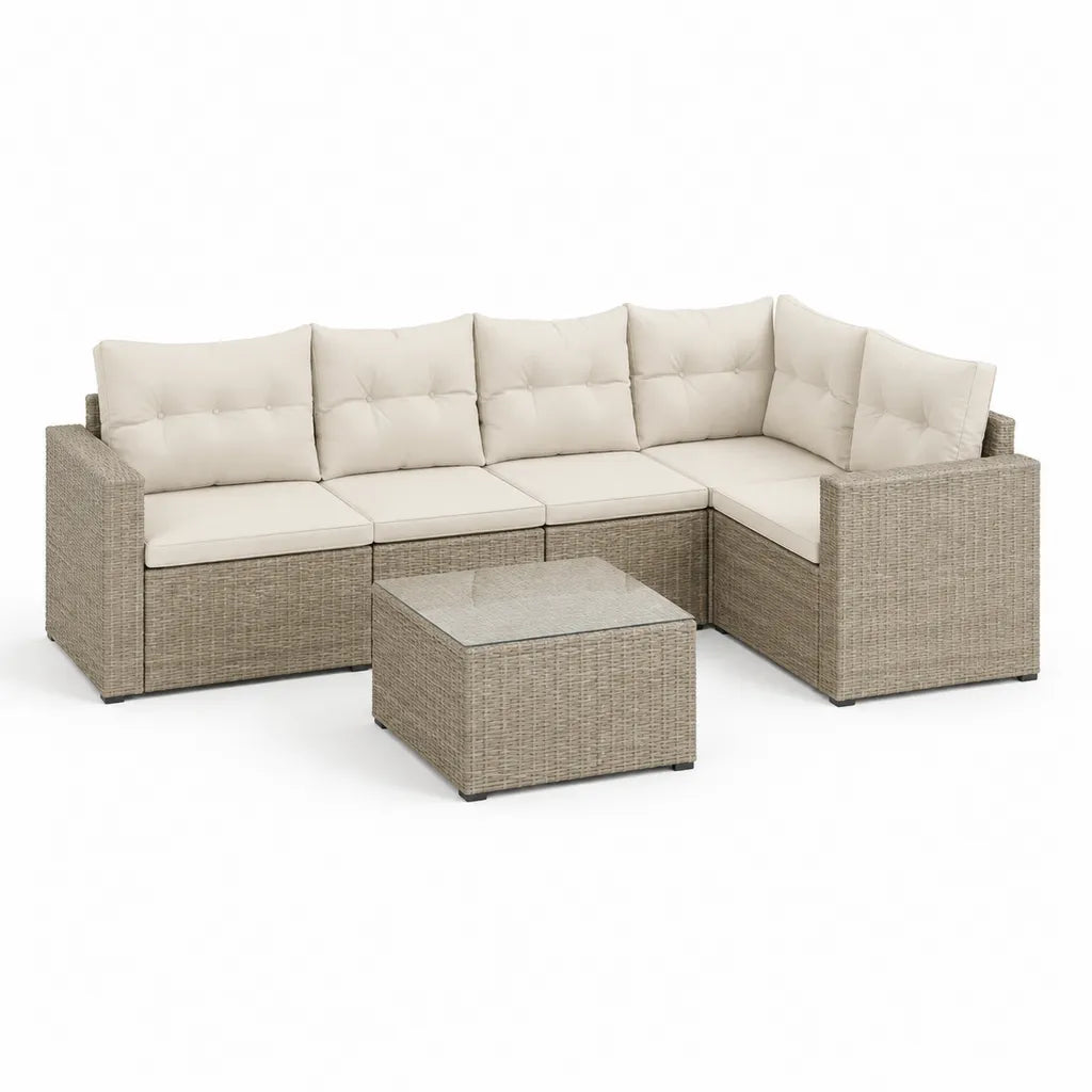 Salon de jardin d'angle 5 pieces en resine tressee beige avec coussins creme 230 x 230 x 85 cm